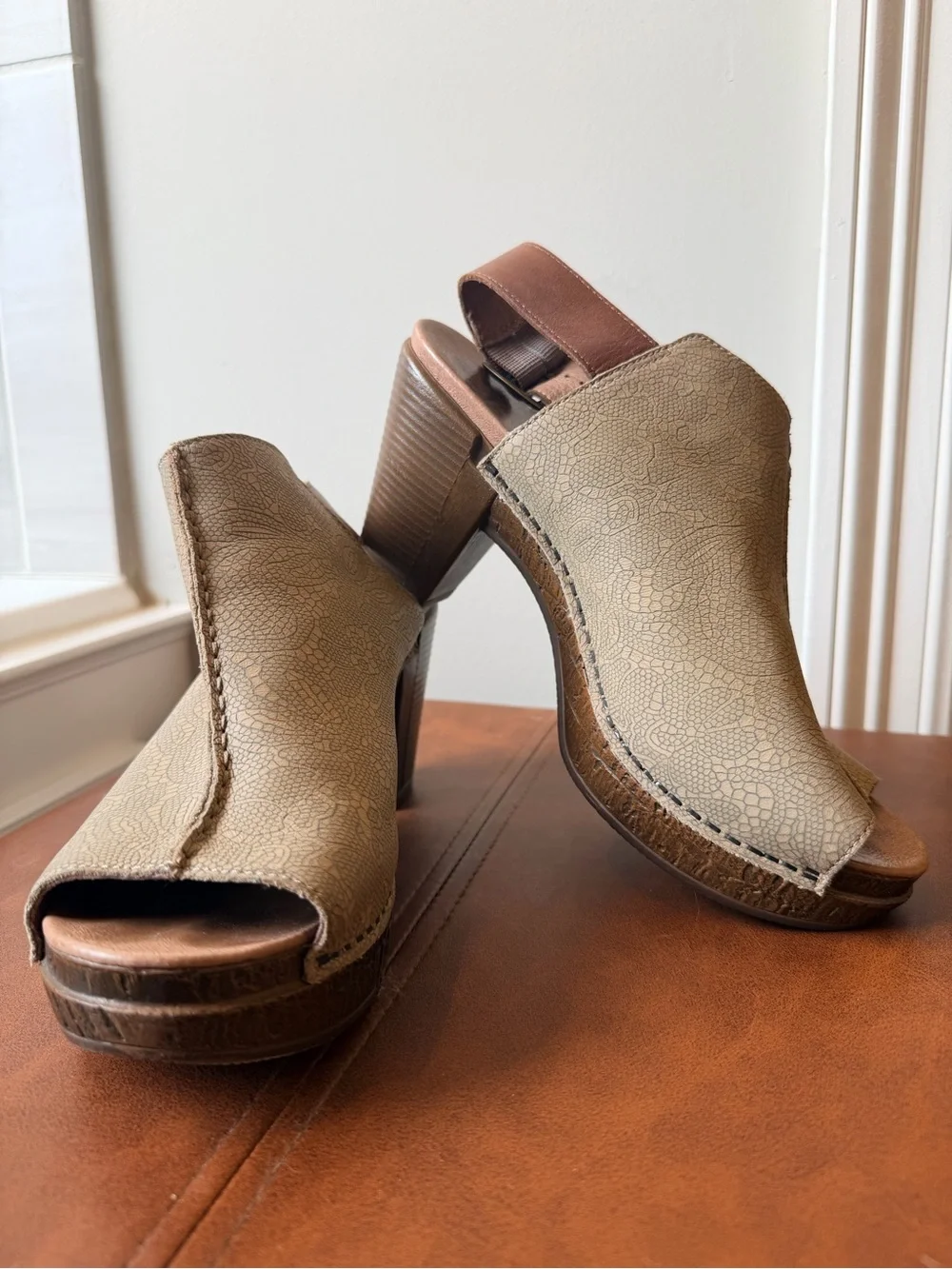 Dansko Taupe Brown Open-Toe Platform Slingback Wedges